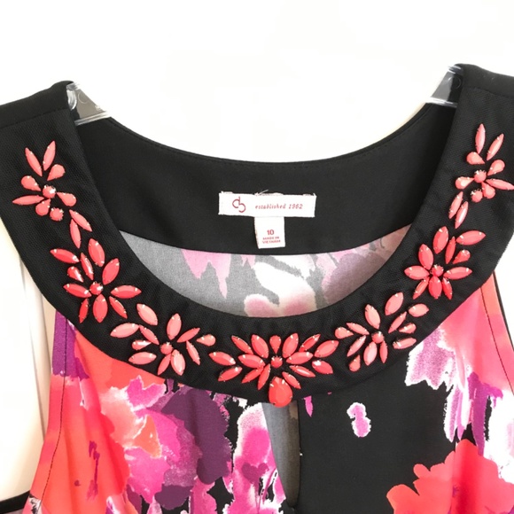 Dressbarn Floral Sleeveless Beaded Midi Sheath Dress Black Pink Women’s Size 10 - Picture 2 of 16